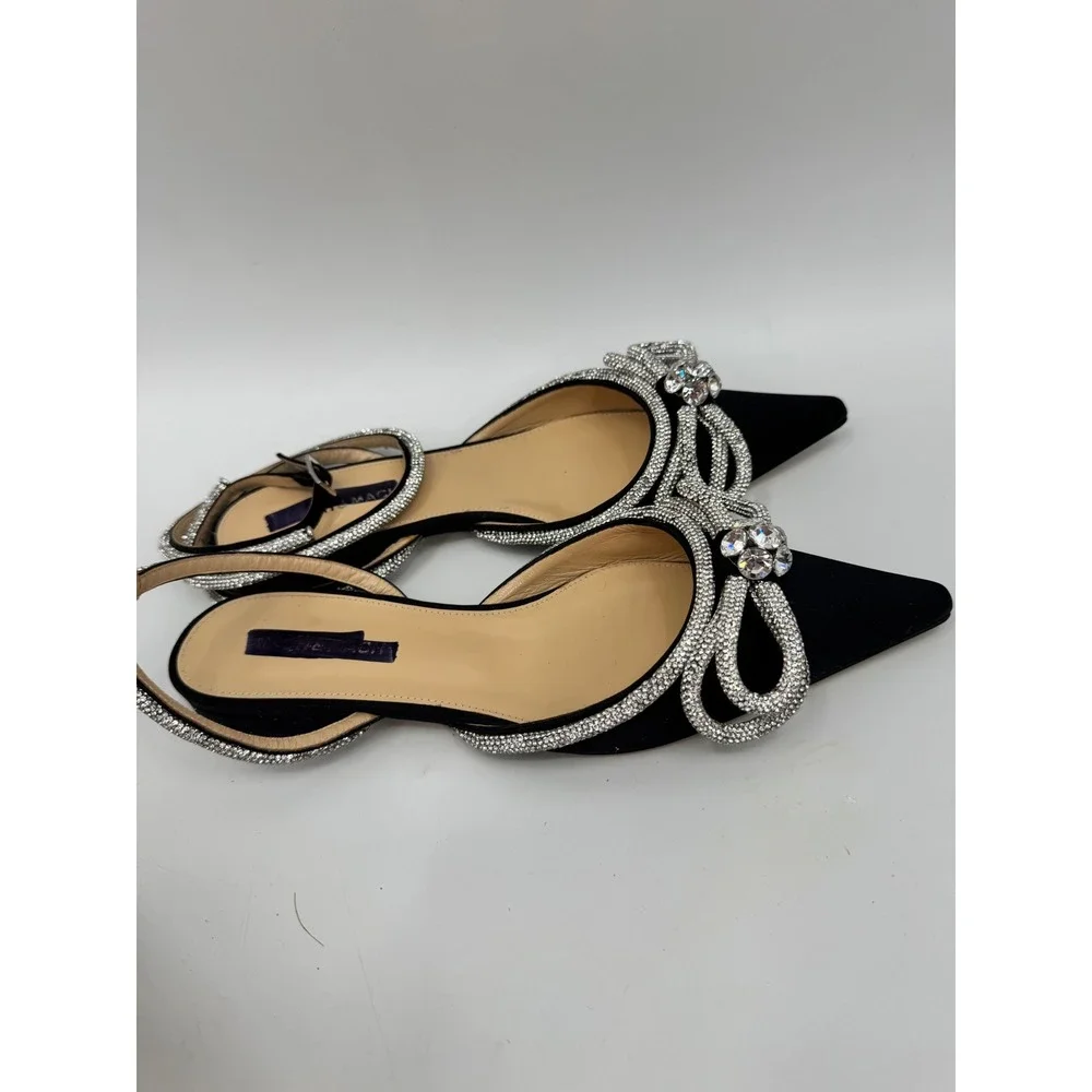 MACH & MACH Flawed Double Bow Flats Women 39.5 Black Crystal Embellished Satin